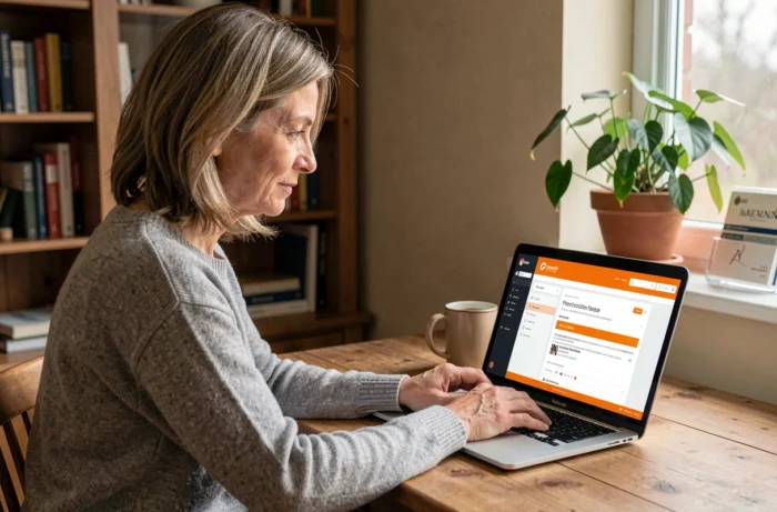 Femme accédant à sa messagerie Orange sur un ordinateur portable dans un bureau à domicile