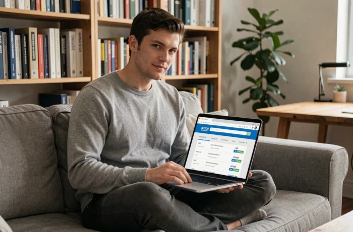 Jeune professionnel accédant aux normes officielles ISO et AFNOR en ligne depuis son bureau à domicile