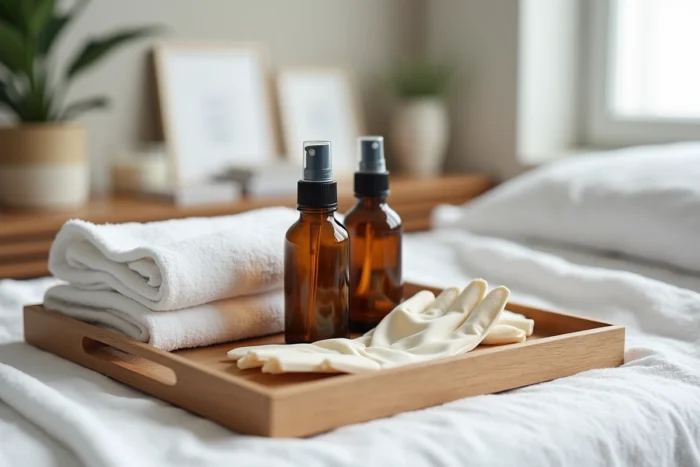 Accessoires professionnels de massage disposés sur un plateau en bois, gants et huiles thérapeutiques