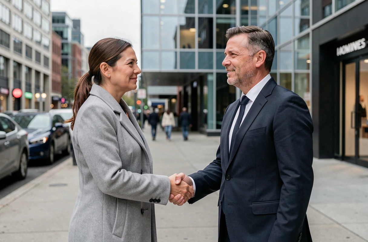 Une cliente et un prêteur privé concluent un accord de prêt avec une poignée de main devant un immeuble financier urbain
