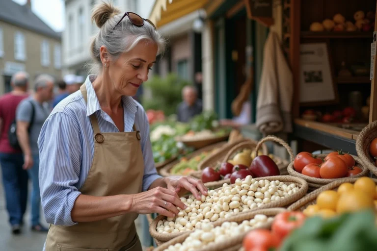 Femme choisissant des haricots coco de Paimpol frais sur un marché breton traditionnel