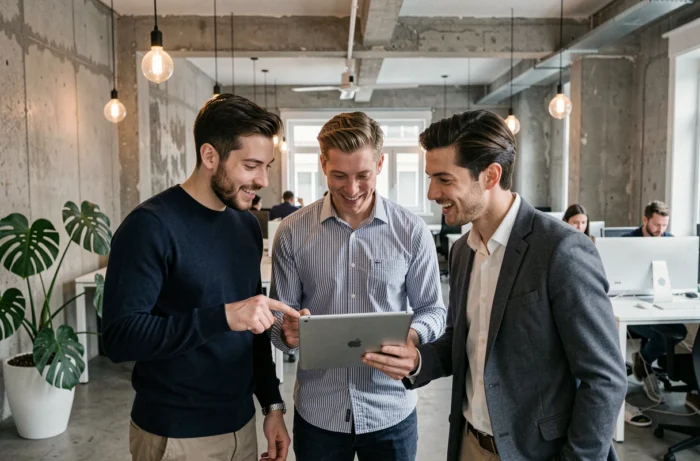 Jeunes professionnels discutant des dernières actualités françaises sur une tablette dans un espace de coworking moderne