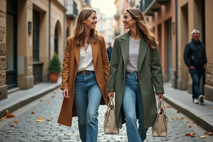 Deux amies élégantes et souriantes marchant dans une rue pavée européenne en automne, habillées avec des tenues tendance et abordables