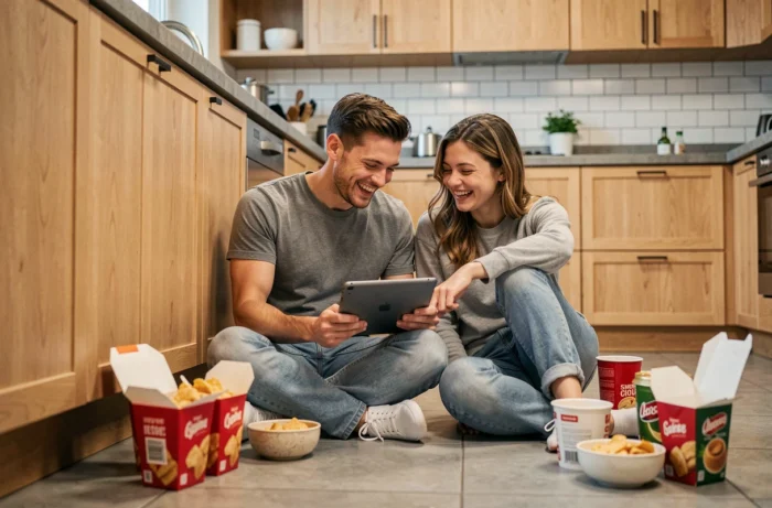 Deux amis riant ensemble devant une tablette dans une cuisine moderne lors d'une soirée loisirs à domicile