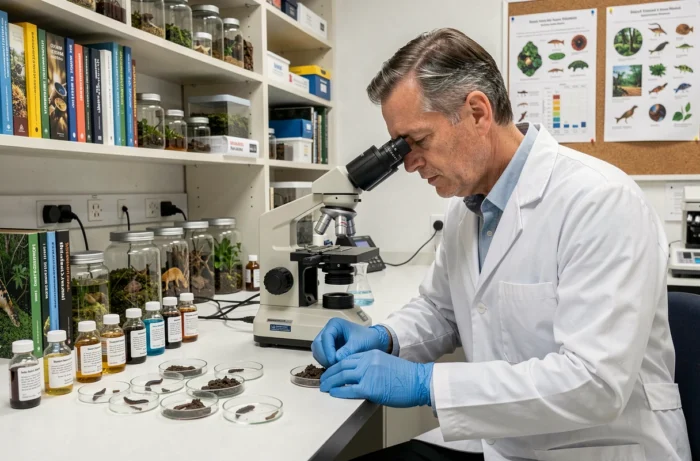 Scientifique en laboratoire analysant des échantillons de crottes de salamandre au microscope pour étudier la biodiversité locale