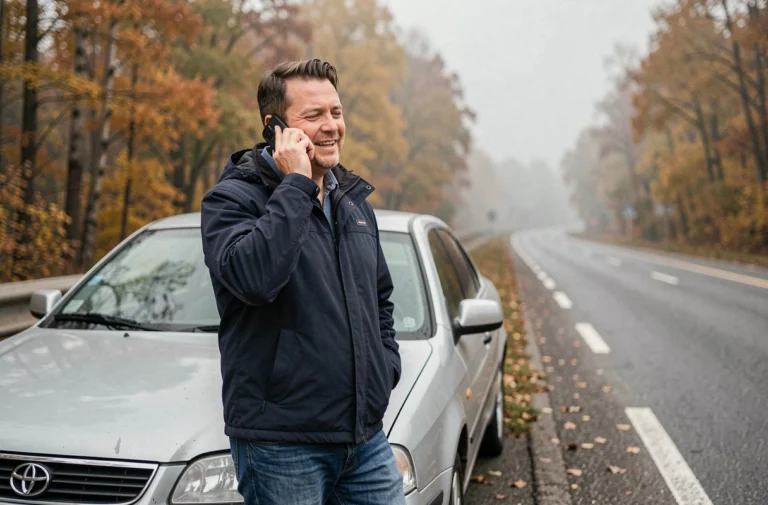Homme appelant l'assistance dépannage Groupama depuis le bord d'une route après une panne de voiture
