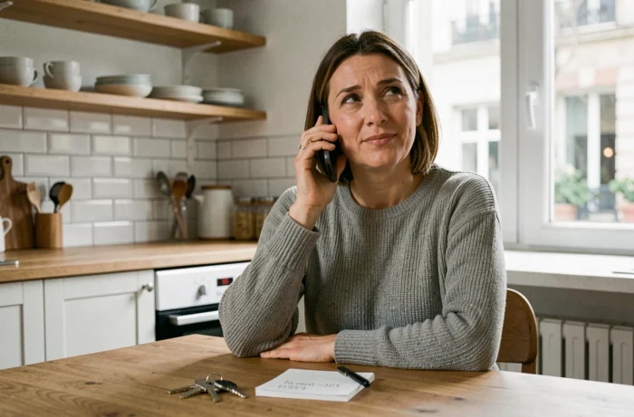 Femme appelant un serrurier depuis son appartement avec les clés posées sur la table
