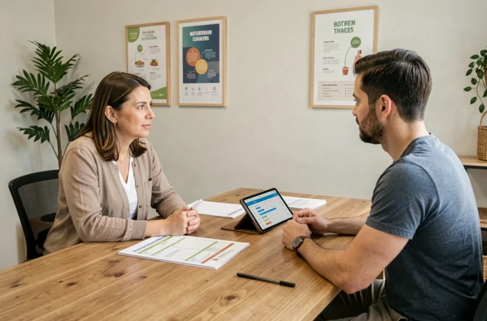 Nutritionniste et client discutant d'un plan alimentaire personnalisé autour d'un bureau, illustrant l'approche individualisée pour la perte de poids