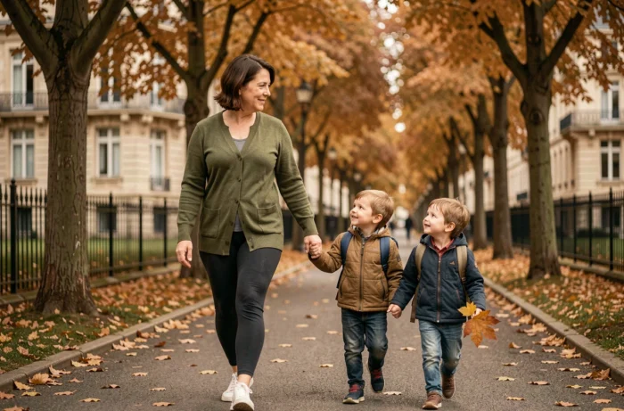 Assistante maternelle promenant deux enfants dans un parc urbain de Besançon en automne