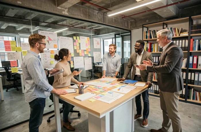 Équipe diverse en atelier de brainstorming sur le développement des compétences en leadership en entreprise
