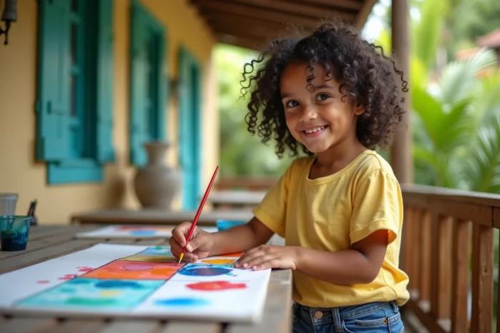 Jeune fille participant à un atelier créatif de peinture en plein air pendant les vacances à La Réunion