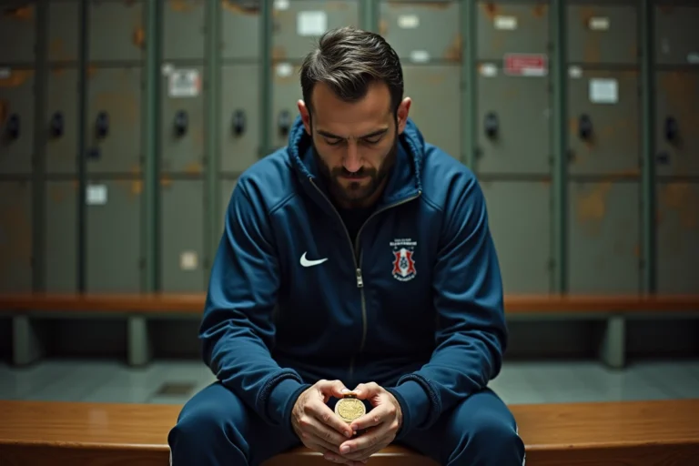 Athlète français réfléchi tenant une médaille d'or dans un vestiaire authentique, portrait inspirant de champion sportif