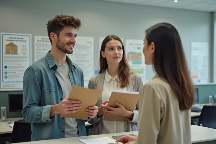 Couple en rendez-vous avec un agent municipal pour une demande de logement social