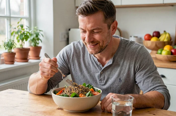 Homme mangeant un bol de légumineuses, céréales complètes et légumes verts riches en fibres pour prolonger la satiété