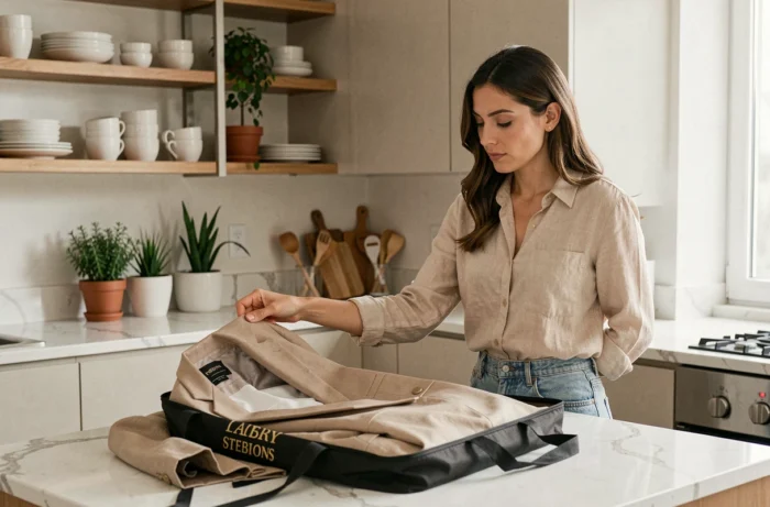 Célébrité triant ses vêtements de créateurs pour les revendre sur Vinted dans un appartement moderne