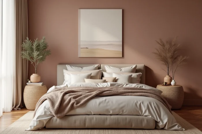 Chambre principale tendance avec cadre de lit en lin taupe, literie en bouclé texturé, table de chevet en rotin et finition murale à la chaux rose poussiéreux