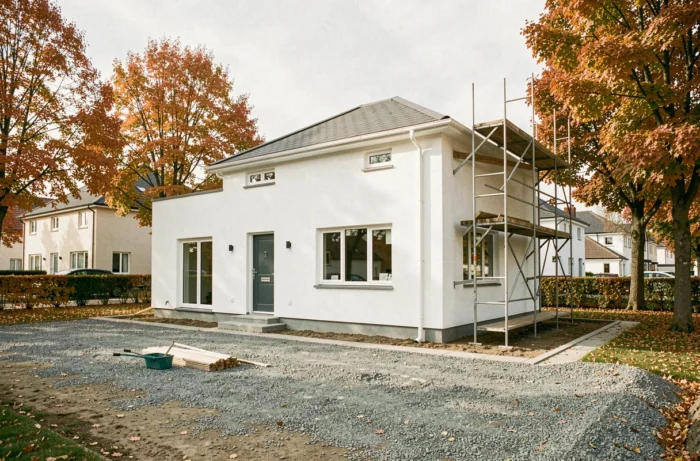 Chantier de construction d'une maison clé en main presque terminée dans un quartier résidentiel en automne