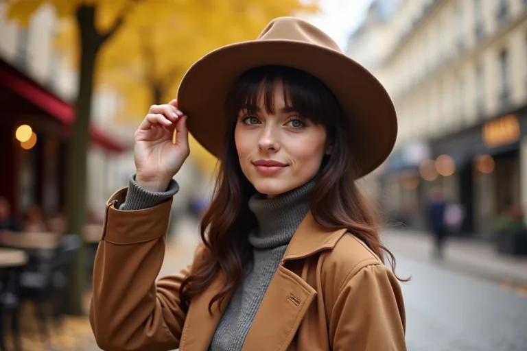 Jeune femme portant un chapeau à large bord avec une frange brune, vêtue d'un trench camel sur une rue pavée parisienne en automne