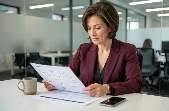 Femme cheffe d'entreprise analysant son plan de développement dans une couveuse professionnelle