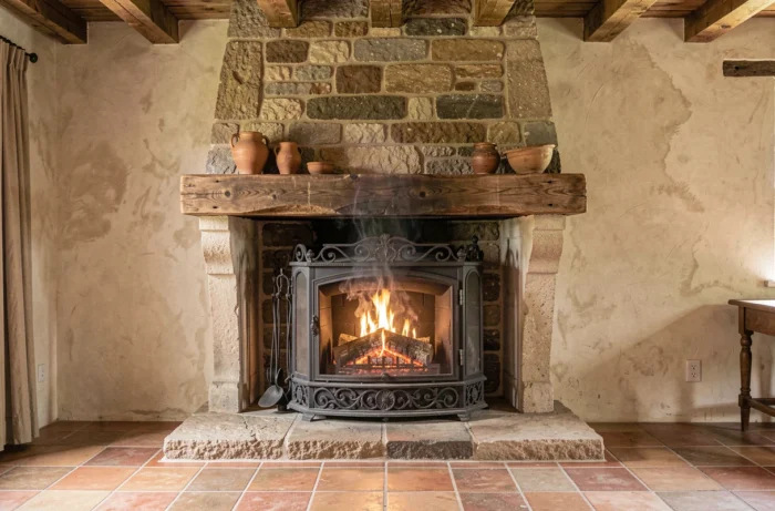 Cheminée à insert en pierre de style rustique dans une maison de campagne française avec poutres en chêne et sol en tomettes