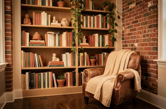 Coin lecture cosy avec bibliothèque intégrée, plantes vertes en pots en argile, fauteuil en cuir et plaid en tricot épais dans une pièce aux tons chauds