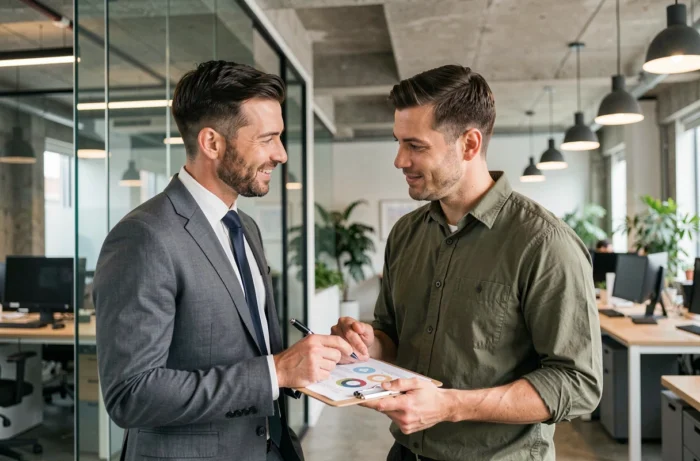 Deux hommes professionnels en discussion collaborative dans un espace de coworking moderne autour de stratégies de succès