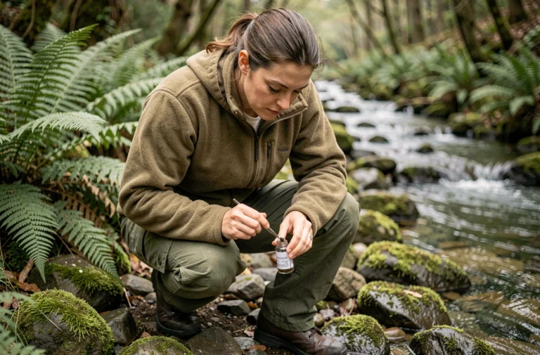 Biologiste de terrain collectant des crottes de salamandre au bord d'un ruisseau en forêt tempérée pour évaluer la biodiversité locale