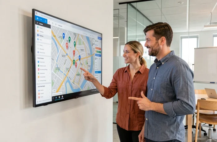 Deux collègues analysant une carte d'adresses interactive BIM VUP sur écran tactile dans un bureau collaboratif