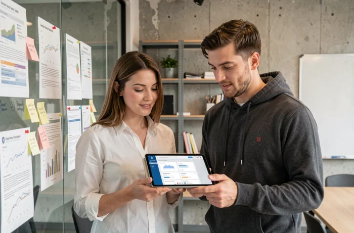Deux collègues collaborant sur une plateforme de gestion web via tablette dans une salle de réunion moderne