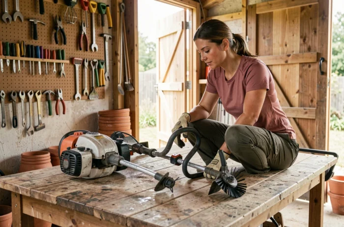 Femme comparant deux modèles de débroussailleuse sur un établi en bois dans un atelier de jardin
