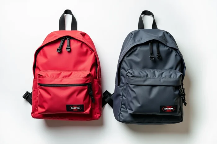 Comparaison côte à côte d'un sac Eastpak neuf et d'un sac Eastpak ancien et usé illustrant la durabilité et la garantie à vie