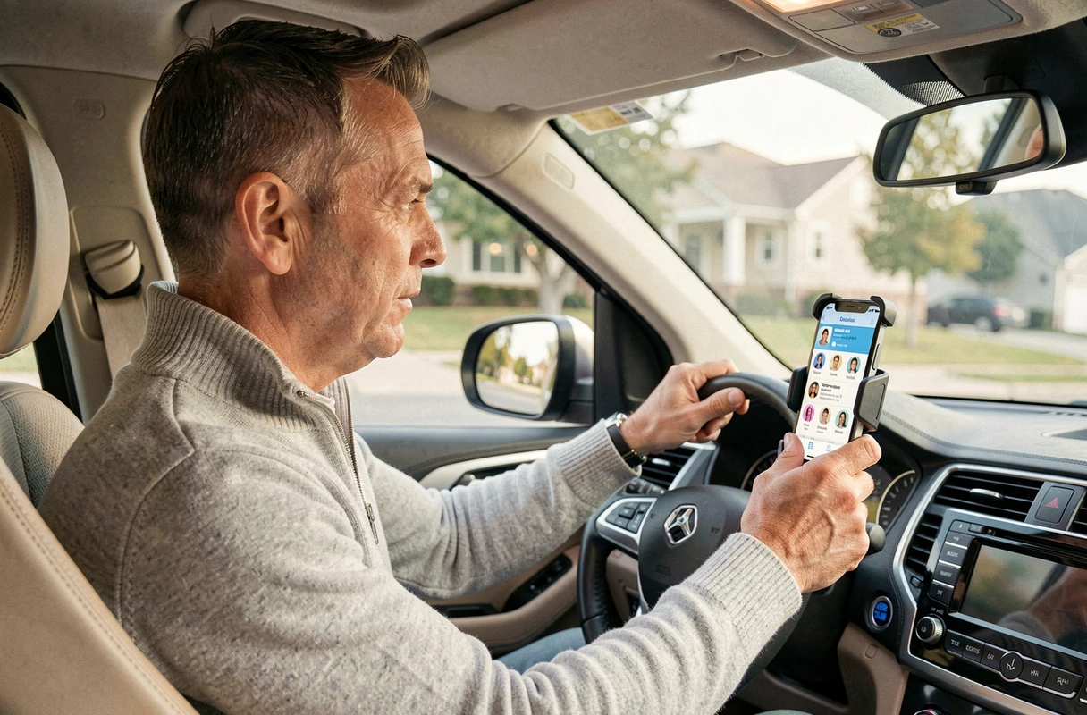 Conducteur consultant une application de partage de trajet sur son tableau de bord en voiture