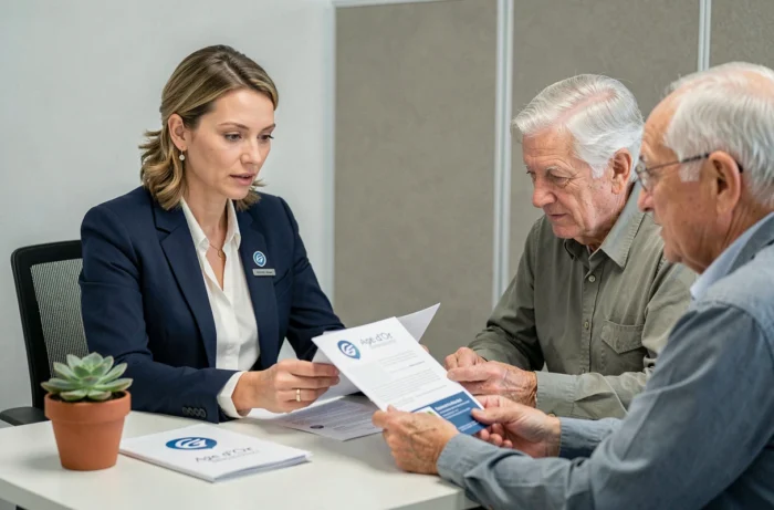 Conseillère Âge d'Or Services présentant les tarifs 2026 à un couple de seniors dans un bureau professionnel