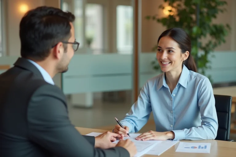 Une femme consultant un conseiller bancaire pour obtenir un crédit immobilier dans une agence moderne