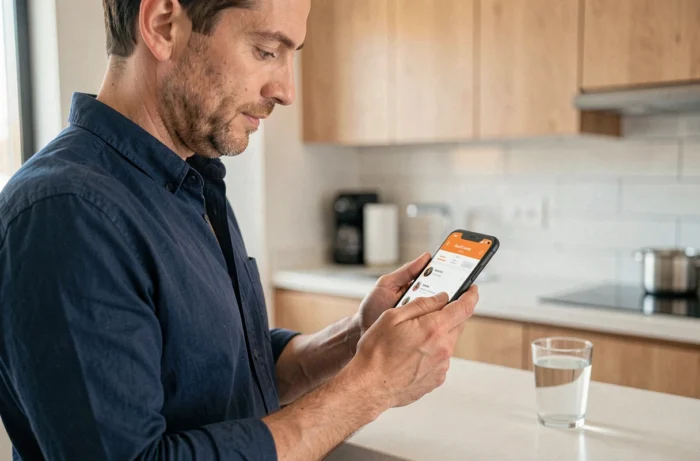 Homme consultant ses e-mails Orange sur smartphone dans une cuisine moderne