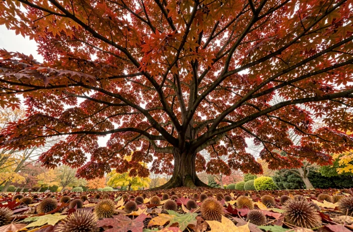 Copalme d'Amérique aux feuilles rouge et orange spectaculaires en automne dans un jardin botanique