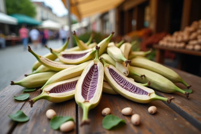 Gros plan sur des cosses de haricots coco de Paimpol frais sur un étal de marché