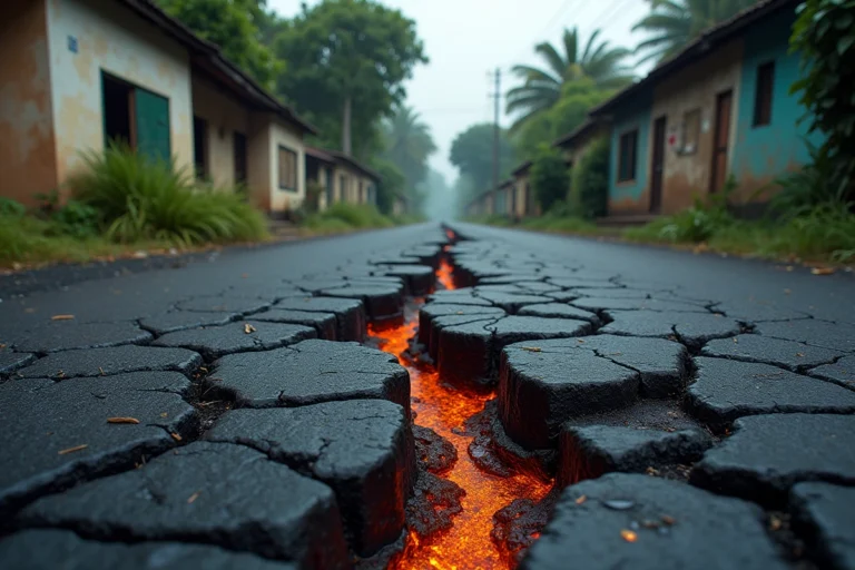 Coulée de lave du Nyiragongo traversant une route asphaltée de Goma avec des bâtiments abandonnés en arrière-plan