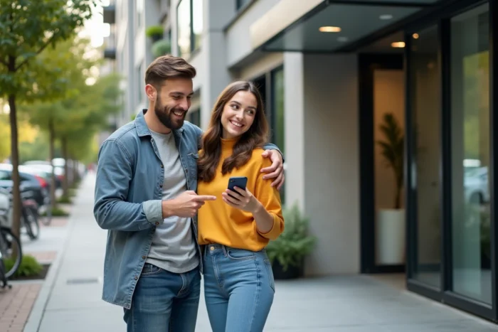Couple consultant une application de location immobilière devant un immeuble moderne en ville