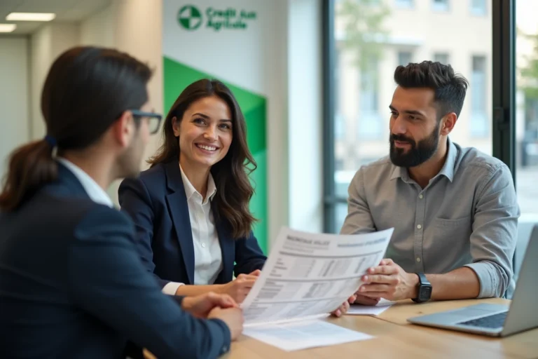 Couple en consultation avec un conseiller bancaire au Crédit Agricole pour un projet immobilier