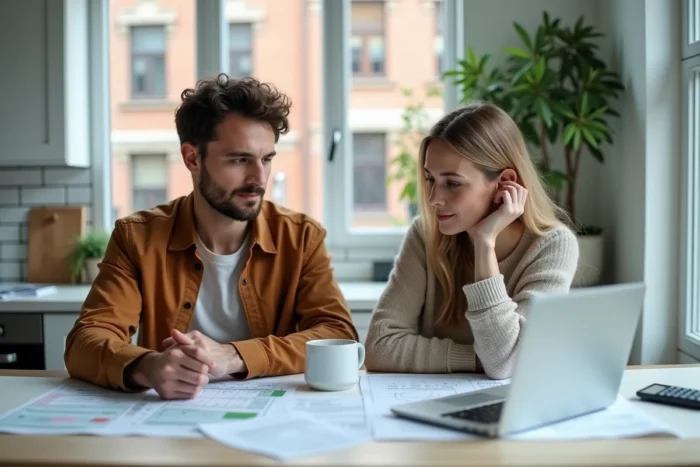 Un couple étudiant les documents d'un dossier de prêt immobilier à domicile avec un ordinateur portable