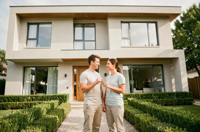 Couple devant une maison clé en main moderne tenant les clés de leur nouveau logement