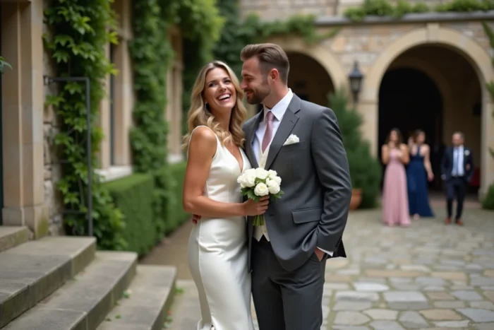Couple de mariés en extérieur devant une bâtisse historique européenne lors d'une réception de mariage discrète