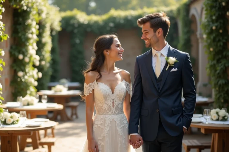 Couple de mariés riant dans une cour de jardin ornée de roses blanches lors de leur réception de mariage en plein air
