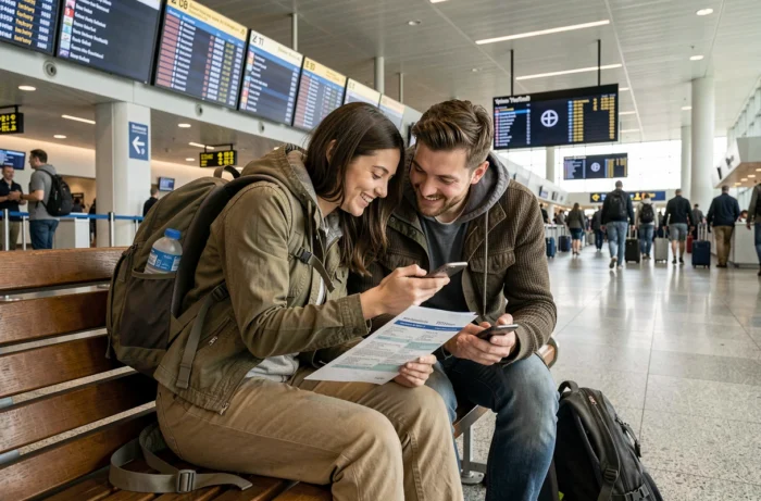 Couple planifiant un long trajet avec des billets d'avion flexibles dans un hall de départ d'aéroport