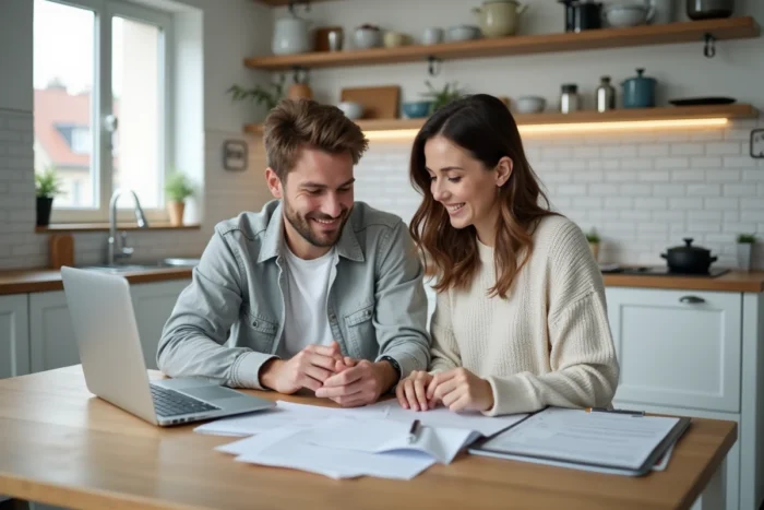 Jeune couple préparant ensemble leur dossier de location immobilière sur une table de cuisine moderne