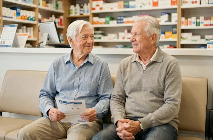 Couple de seniors en pharmacie consultant un document de remboursement de leur mutuelle santé pour personnes âgées