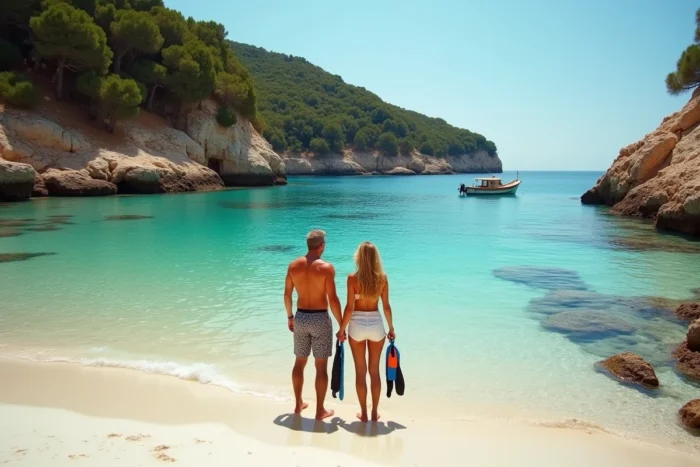 Couple de randonneurs marins dans une crique protégée du Cap Corse prêts à faire du snorkeling avec équipement en main