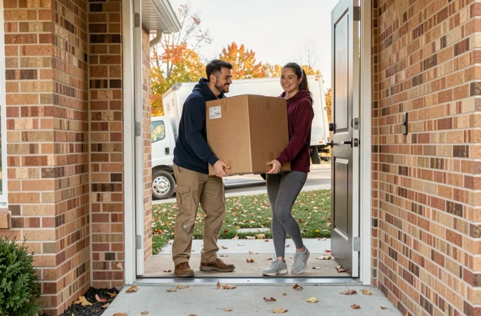 Couple transportant un meuble dans leur nouvelle maison le jour du déménagement en automne