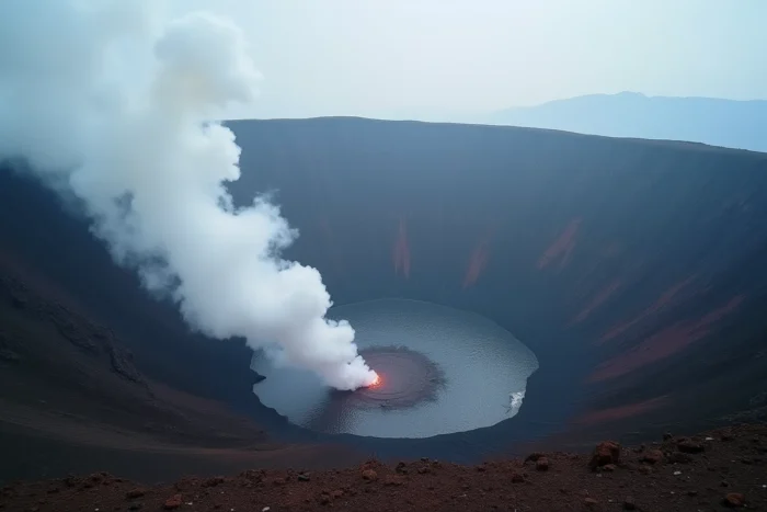 Vue du cratère actif du volcan Nyiragongo avec son lac de lave et ses colonnes de gaz volcaniques en République Démocratique du Congo